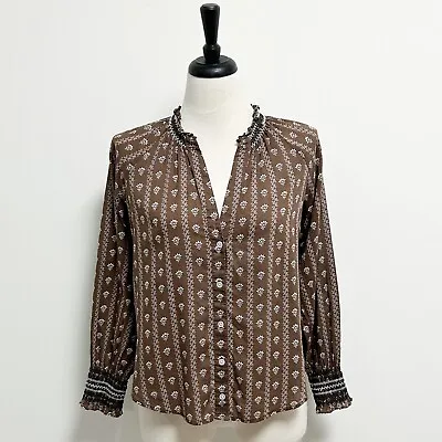 Veronica Beard Jeans Brown White Button Up Smocked V Neck Marcella Blouse Medium • $44.99