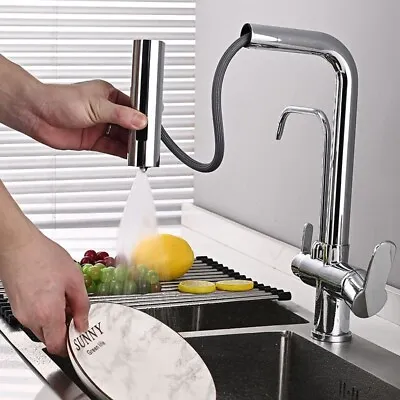 Kitchen Sink Mixer Tap Pull Out 3 Way Water Filter 360° Swivel Spout Chrome Tap • £59