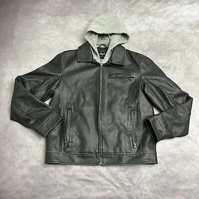 Black Rivet 100% Leather Jacket Mens Medium Hooded Quilted Lined Hoodie Biker • $29.95