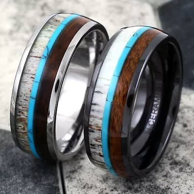 8mm Tungsten Or Ceramic Men's Deer Antler Turquoise Wood Wedding Band Ring • $18.99