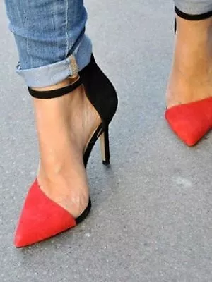 Zara New Vamp Black Red Asymmetric Suede Pointed Toe Ankle Strap Heels 6.5 37 • $63.20