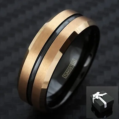 8mm Tungsten Men's Brushed Rose Gold Plated W/ Black Stripe Wedding Band Ring • $13.99