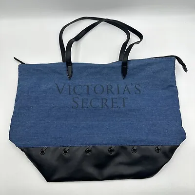 Victoria's Secret Tote Bag Blue Black Zipper Beach Gym Travel Love Victoria • $12.23