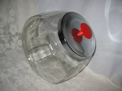 Vintage Counter Top Glass Candy Store Display Jar Canister Chrome Lid W/Red Knob • $24.95