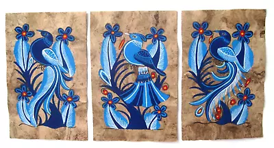 Mexican Folk Art Hand Painted Blue Bird Amate Bark Lot Of 3 Paintings Oaxaca Mex • $45