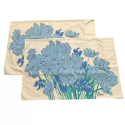 Nice Preowned Pair Vintage Mcm Vera Neumann Blue Flower Pillowcases 32 X 20 1/2 • $16.99