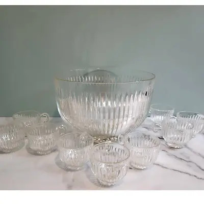 ☆Vintage Indiana Glass Colony STARLIGHT Punch Bowl Set Vertical Ribbed • $55