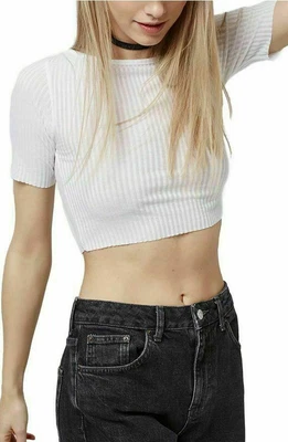 £11.30 • Buy Topshop Slash Crop Top Tee Women Size 4 White Ribbed Cotton Short Sleeve