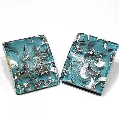 Vintage Lucite Moon & Confetti Square Clip-on Earrings Turquoise/Silver Color • $14.95