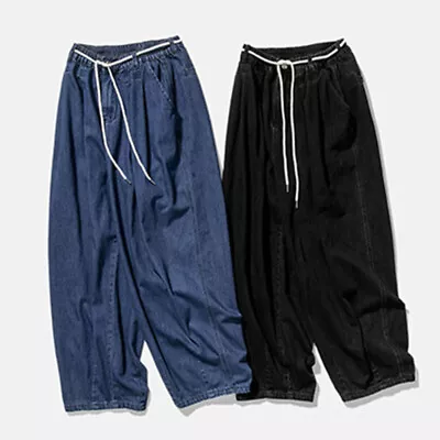 Men Loose Baggy Denim Pants Tapered Leg Elastic Waist Jean Trousers Retro Casual • $44.64