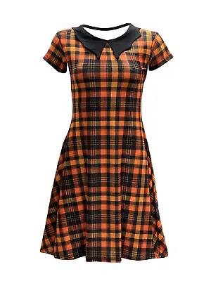 £27.99 • Buy Orange Black Tartan Check Collar Swing Rockabilly Dress Alternative Urban Retro