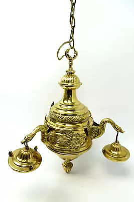 Vintage Brass Metal Swan 3 Fixture Lamp Light Chandelier Electric Light Parts • $156