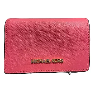 Michael Kors Jet Set Small Slim Wallet Pink Saffiano Leather Snap Fastening • $35