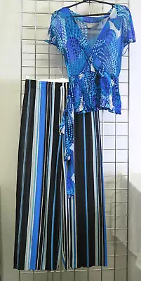 Ready-made Set X2 Zara 100% Silk Top Shot Sleeve / Striped Pants Trousers Size M • £9.99