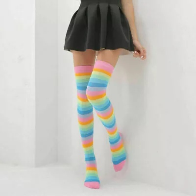 Stockings High The Over Socks Womens Plus Girls Striped Knee Size Thigh Sheer • £5.76