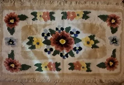 Vintage 60s ? Rug Floral Shag Fringed Heavy Bathroom Rug Chanelle Rubber Matting • $85.60