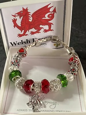 £9.95 • Buy Welsh Dragon Themed White Leather Charm Bracelet With 17 Charms And Gift Box
