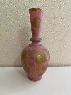 Antique Pink Bristol Glass Vase W/ Painted Floral & Gold Decoration • $125