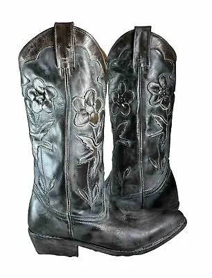 Cowboy Boots Oak Tree Farm Dark Grey Gray Retro Leather Western Size 7.5 NWOB • $94.99