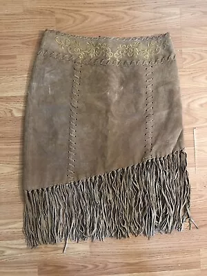 VTG Wet Seal Y2K Leather Suede Boho Western Fringe Skirt Floral Embroidered 7 • $16
