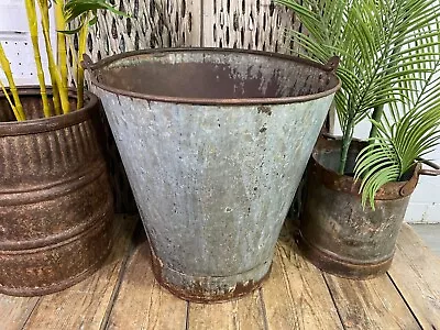 Xl Large Vintage Reclaimed Galvanised Riveted Metal Bucket Garden Planter Tub • £55