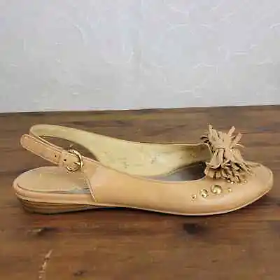 B. Makowsky Womens Shoes Size 9M Tan Studded Slingback Peep Toe Flat Sandals • $15