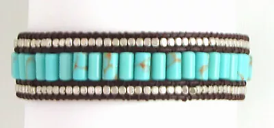 Lucky Brand Turquoise Silver Bead Single Wrap Bracelet Button Loop Close NEW • $24