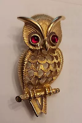 Vintage Avon Owl On Branch Brooch Pin Gold Tone Ruby Red Rhinestone Eyes • $15