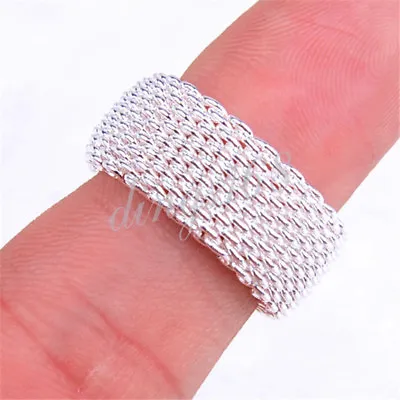 925 Sterling Silver  #TARNISH-FREE# 10mm Wide Flexible Mesh Band Ring H022 • $14.99