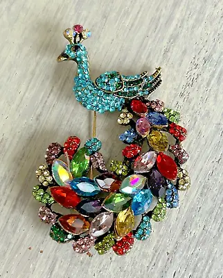 Vintage Peacock Pin Brooch Colorful Navette Stones Blue Rhinestones • $24