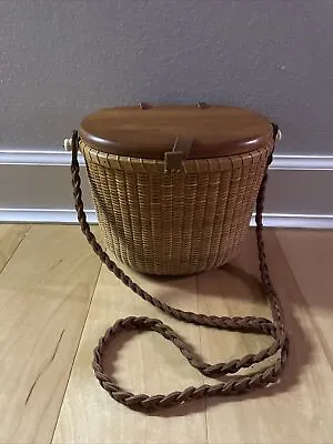 Basketville Nantucket Wicker And Leather Basket Weave Creel Style Purse • $54.95