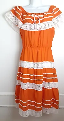 Orange Mexican Peasant Off Shoulder Dress Traditional Floral Crochet Size S/M • $23