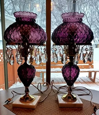 Rare Pair Vntg Amethyst Purple Diamond Quilted Pattern Hurricane Lamps Prisms • $275