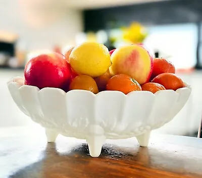 Indiana Glass Fruit Bowl Oval Footed Milk Glass Harvest Grape Design Vintage • $18