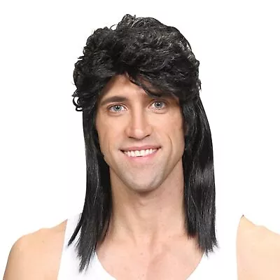 Wicked 1980s 80's Mullet Wig Black Mens Adults Fancy Dress Costume • £10.99