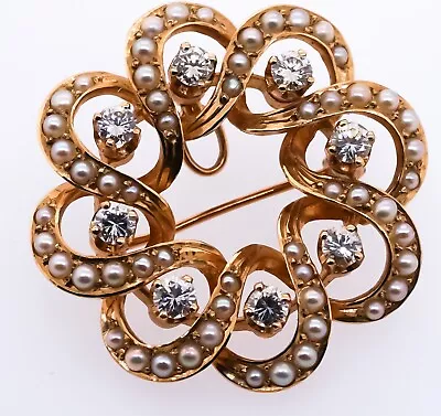 Vintage 14k Yellow Gold 0.96ct Diamond + Pearl Cluster Wreath Brooch • $1.25