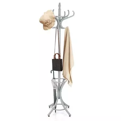 Clihome Standing Coat Rack Metal Tree Wooden Gray W/ 12-Hooks+Umbrella Stand • $74.36