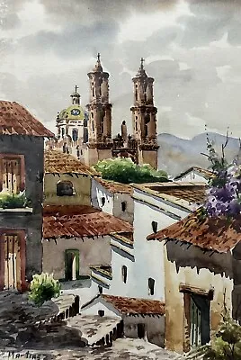 MidCentury Modern Impressionism Watercolor Painting Taxco Mexico Signed Martinez • $202.50