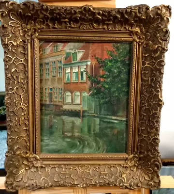 Antique Oil Painting Dutch Canal Cityscape Ornate Gold  Gehring Frame • £255