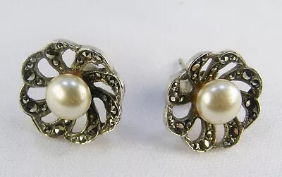 Vintage Sterling Silver Marcasite And Pearl Stud Earrings Pair & Butterfly Backs • £7.99