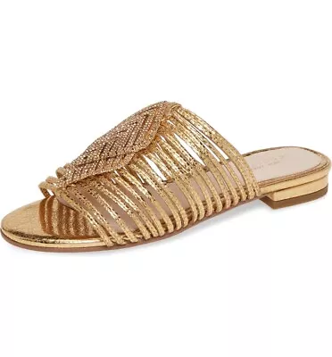 Cecelia New York Darleen Slide Sandals Gold Rinestone Slip On Caged Mules Flats • £47.46