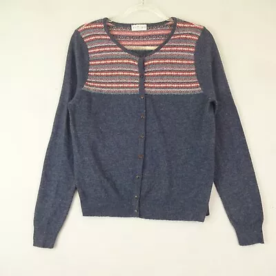 M&S Indigo Collection Cardigan Size 14 Blue Pink Fair Isle Wool Blend Boho • £19.97