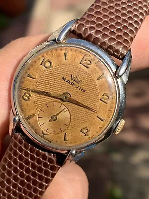 Tropical Vintage Marvin Mens Watch Fancy Lugs Awesome Patina Swiss Made 313mm • $434.54