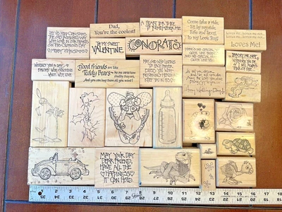 $9.99 • Buy Big Lot Of 27 Mixed Rubber Stamps Flowers Animals VW Buggy Quotes Baby Bottle