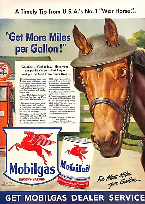 1942 WWII Mobil Oil Gas Pegasus Pump Horse More Miles Per Gallon Print Ad A4 • $14.99
