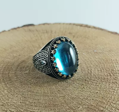 925 Sterling Silver Handmade Men's Ring With Oval Shape Blue Aquamarine Stone • $63