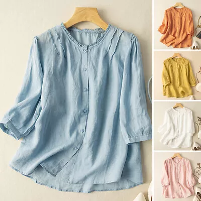 ZANZEA Women Puff Sleeve O Neck Shirt Button Up Tops Solid Cotton Pleated Blouse • $26.26