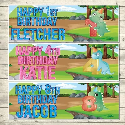 2 Personalised Happy Birthday Cute Dinosaur Banners- Ages 1 - 9 Years - Boy/girl • £3.19