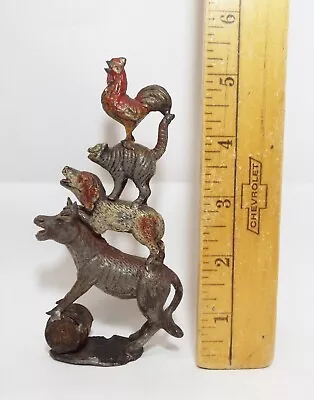 SMALL Antique TOWN MUSICIANS OF BREMEN Stacked Animals FIGURINE Grimm Dog Cat • $49.95