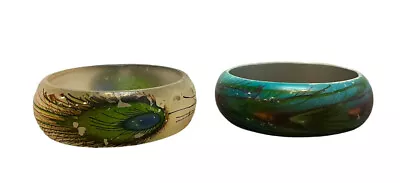 Set Of 2 Vtg Peacock Semi-Translucent Yellow Green Blue Wide Chunky Thick Bangle • $21.99